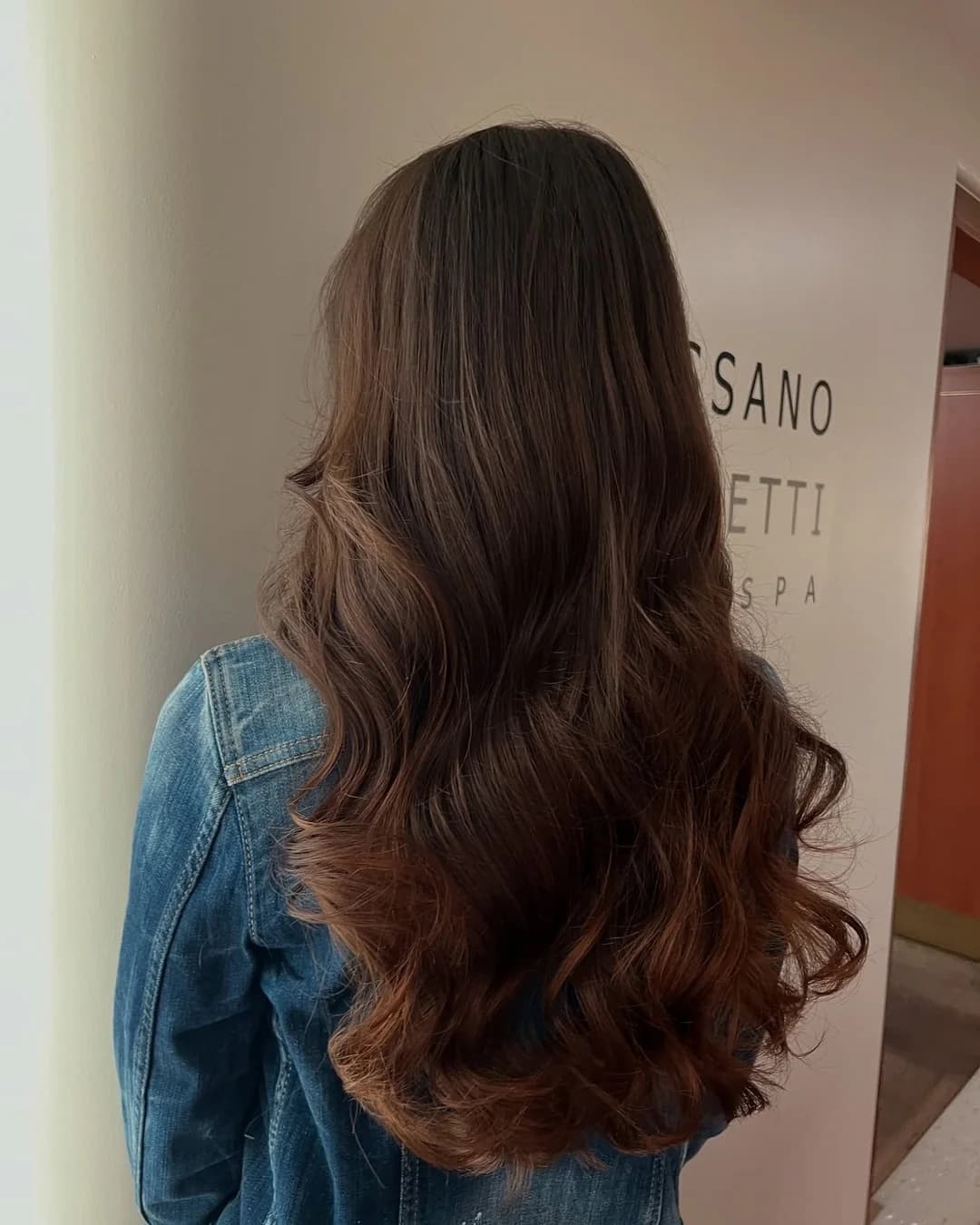 Long brunette hair with caramel-toned waves, seen from behind