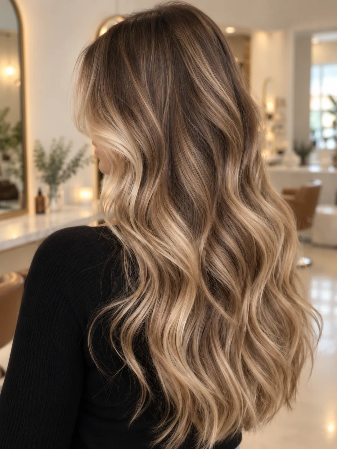 Long blonde hair with dimensional waves seen from behind
