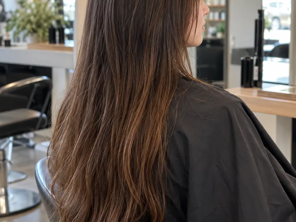 Before: long, straight brunette hair falling past the shoulder blades